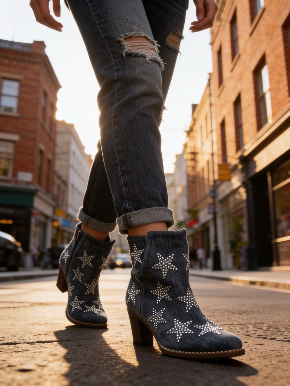 Jeffrey Campbell Women’s Asterial star-studded denim ankle boots Size 8.5 M